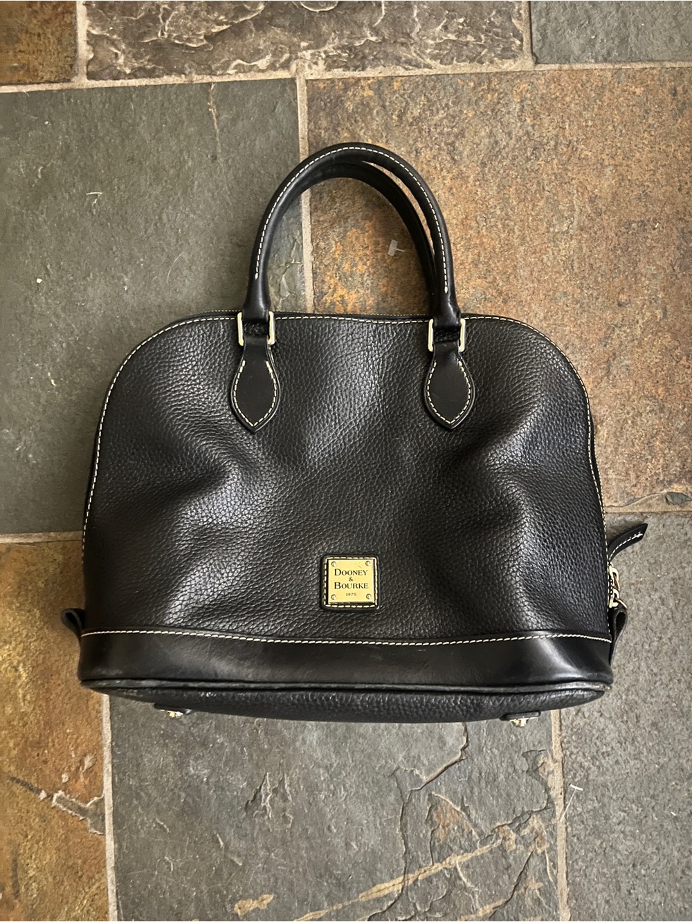 Dooney & Bourke Black Pebbled Leather Satchel with Gold Plaque